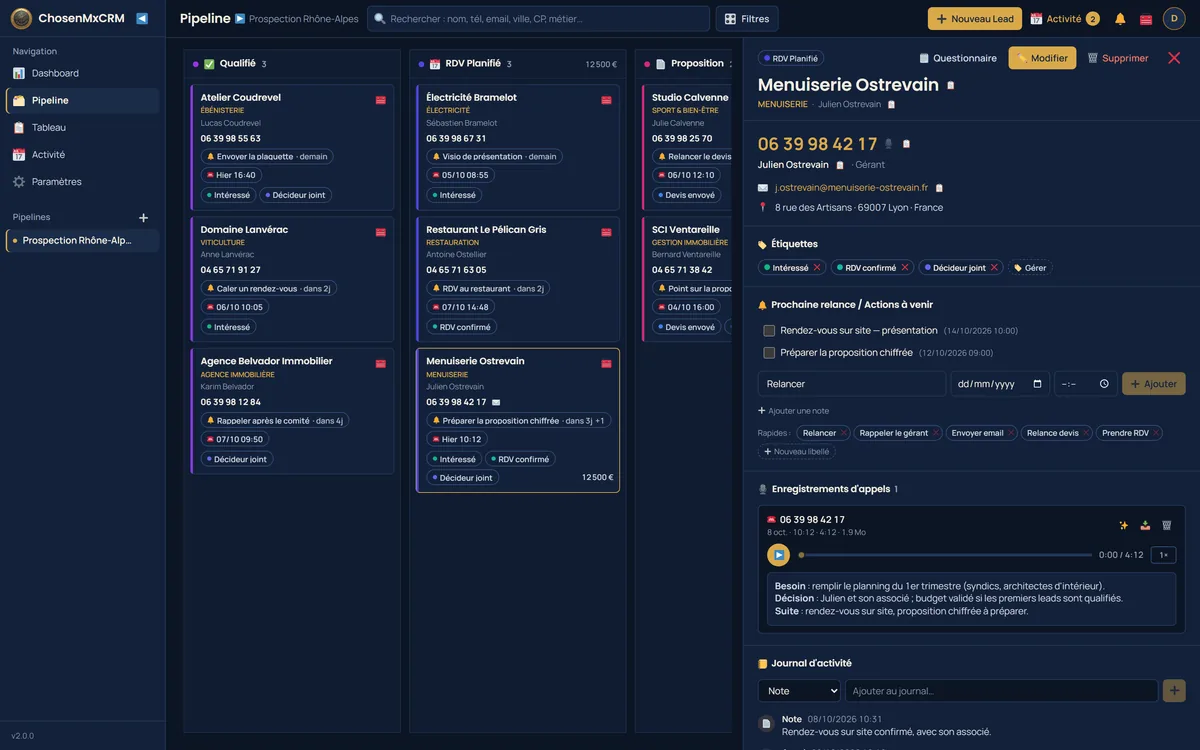 CRM ChosenMx — le pipeline de prospection et la fiche d'un lead ouverte (données fictives)